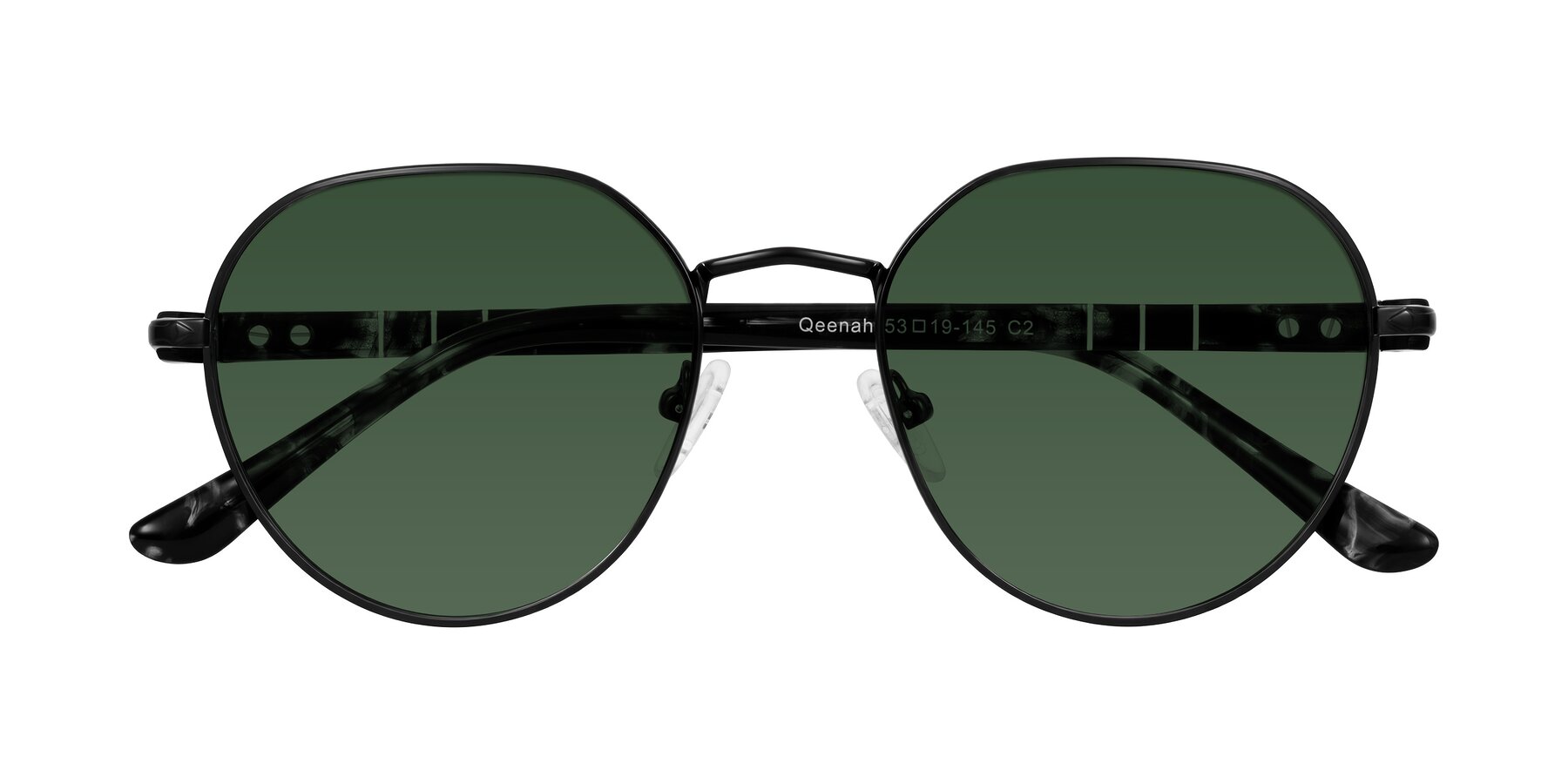 Folded Front of Qeenah in Black with Green Tinted Lenses