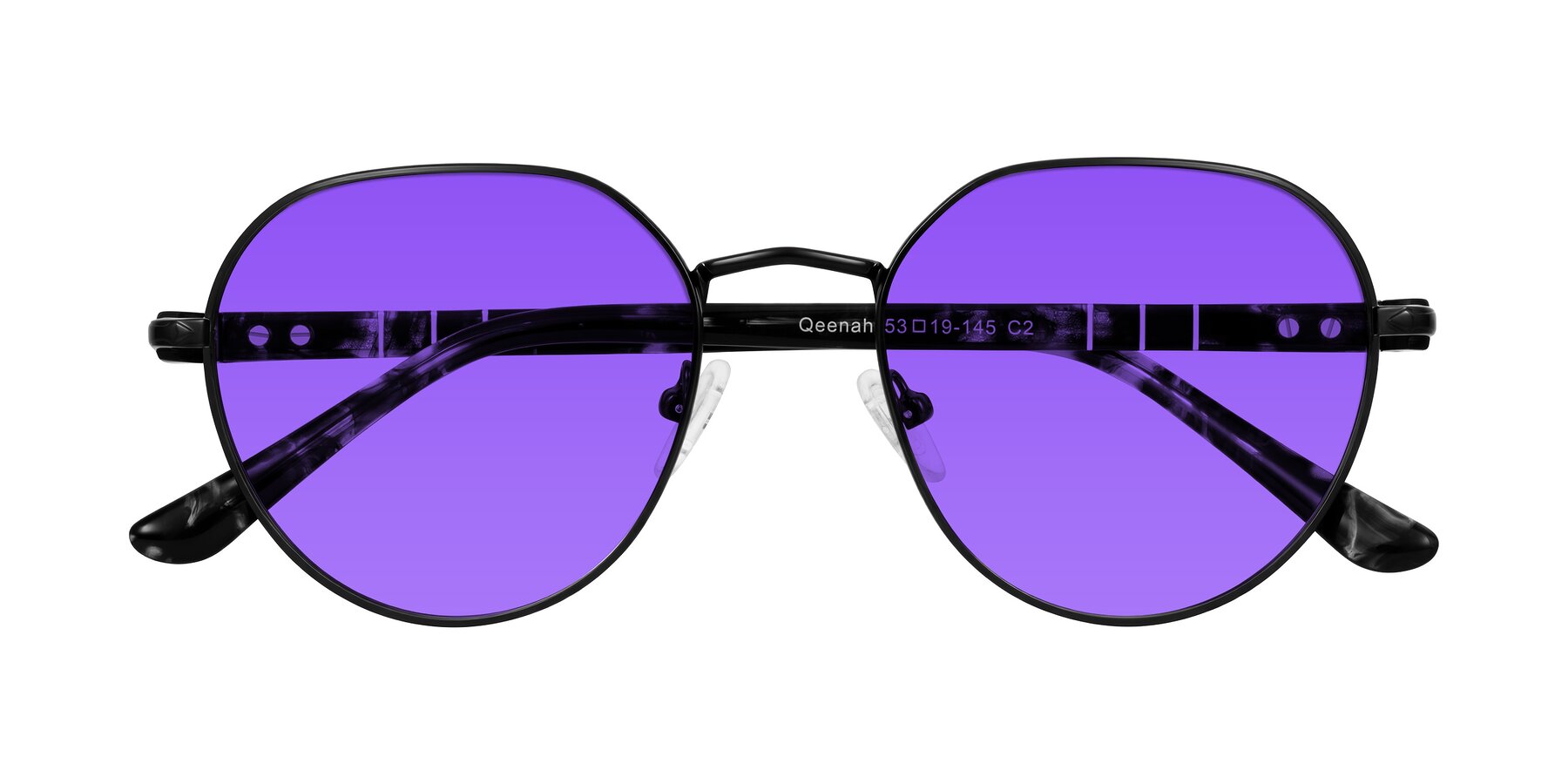 Folded Front of Qeenah in Black with Purple Tinted Lenses