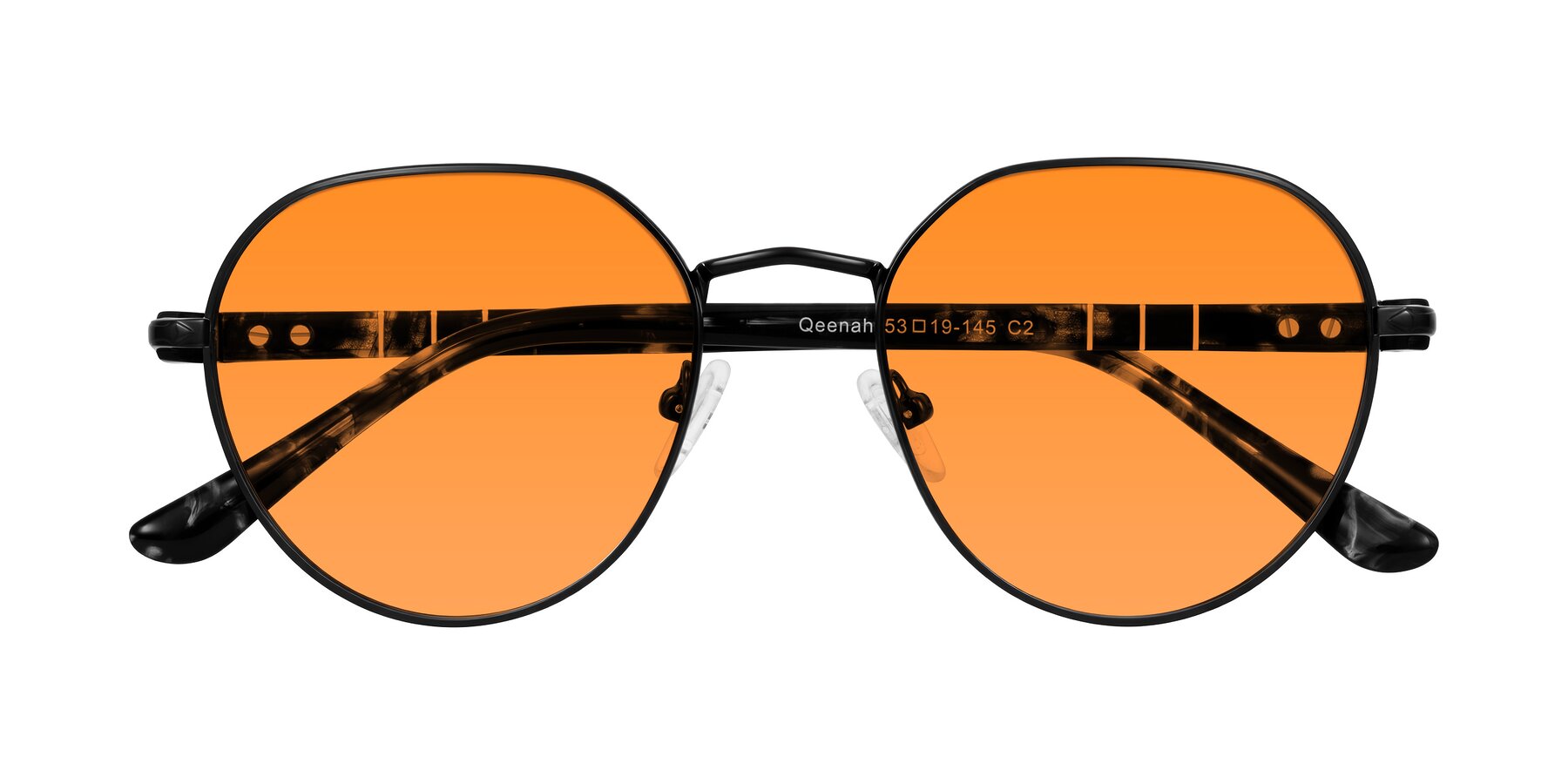 Folded Front of Qeenah in Black with Orange Tinted Lenses