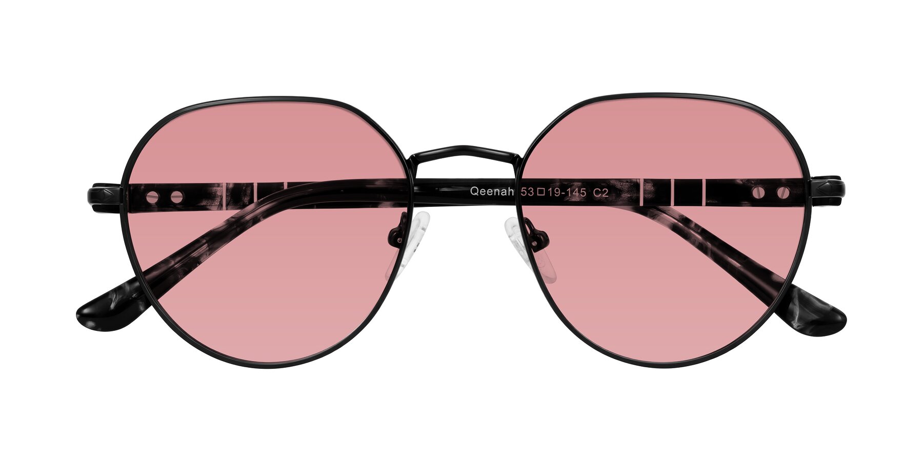 Folded Front of Qeenah in Black with Medium Garnet Tinted Lenses