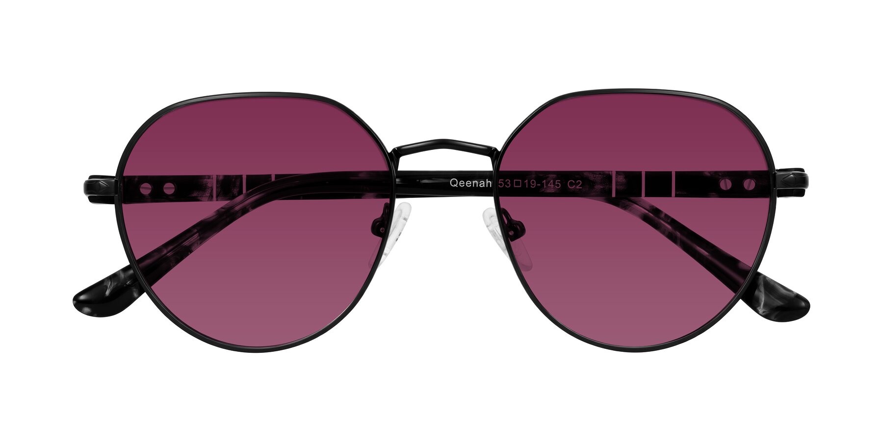 Folded Front of Qeenah in Black with Wine Tinted Lenses