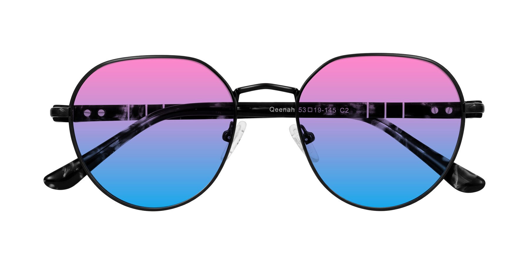Folded Front of Qeenah in Black with Pink / Blue Gradient Lenses