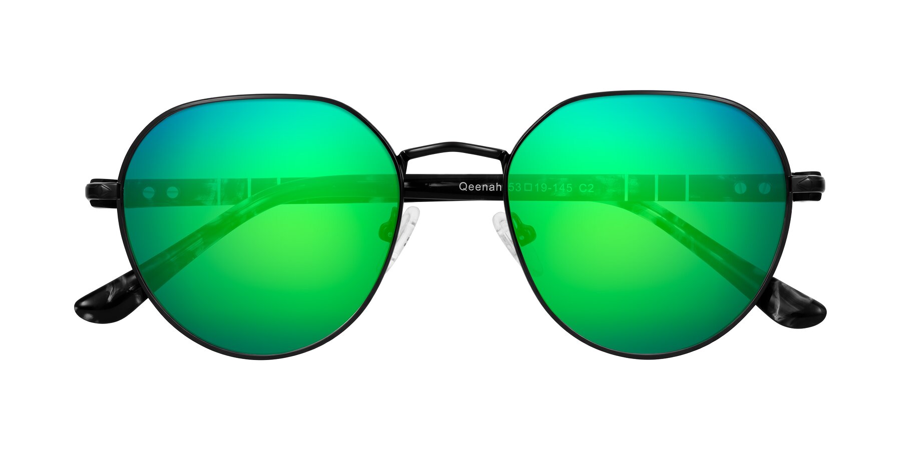 Folded Front of Qeenah in Black with Green Mirrored Lenses
