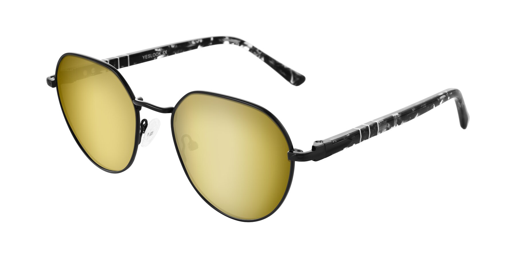Angle of Qeenah in Black with Gold Mirrored Lenses