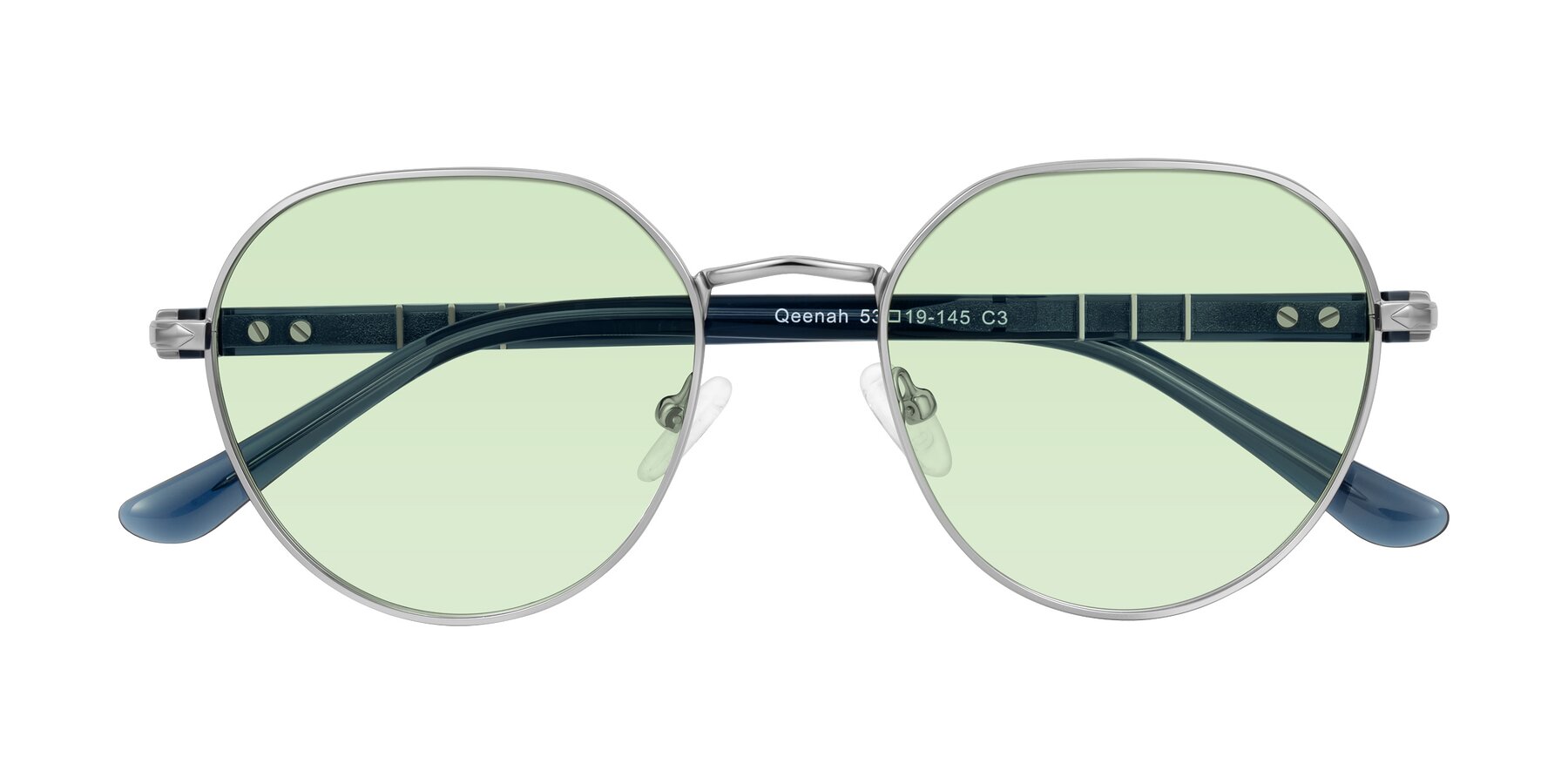 Folded Front of Qeenah in Silver with Light Green Tinted Lenses