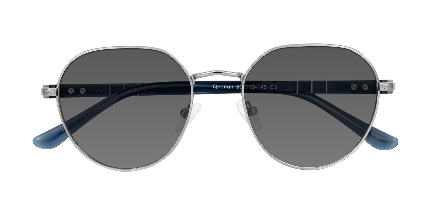 Folded Front of Qeenah in Silver with Medium Gray Tinted Lenses