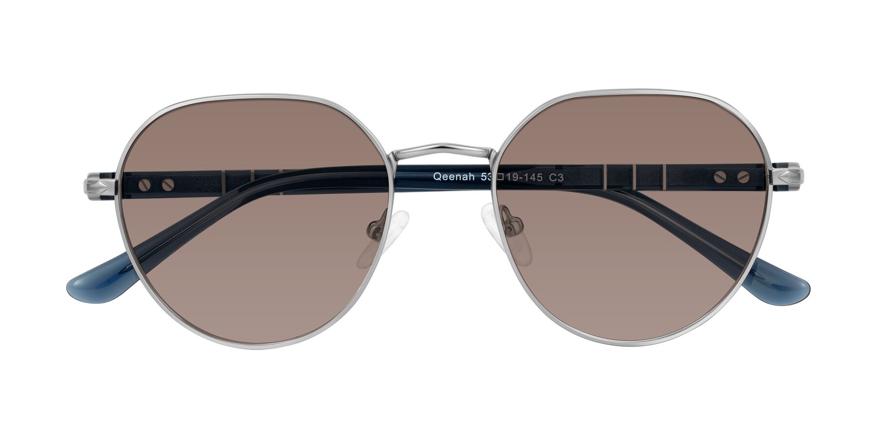 Folded Front of Qeenah in Silver with Medium Brown Tinted Lenses