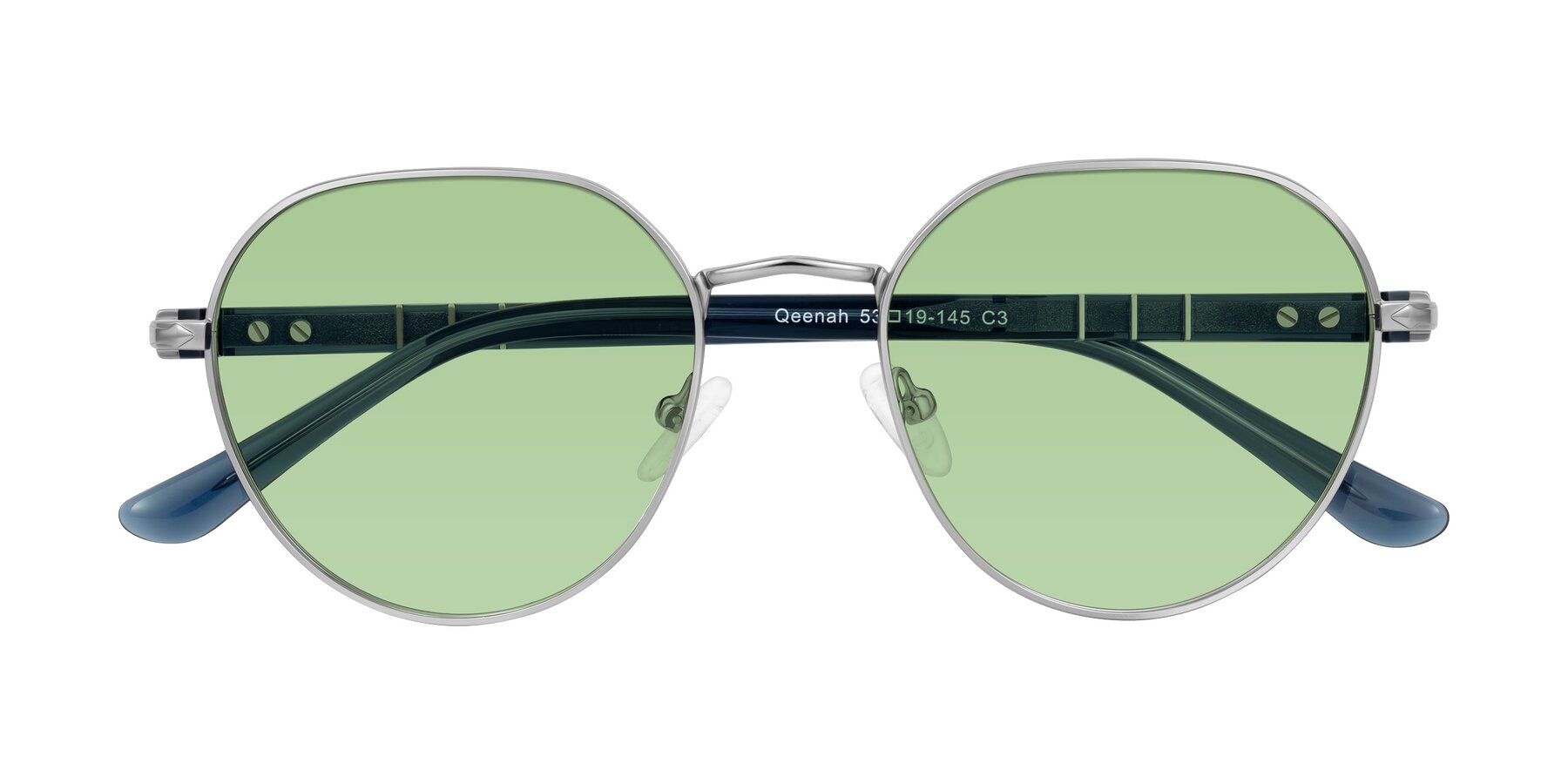 Folded Front of Qeenah in Silver with Medium Green Tinted Lenses