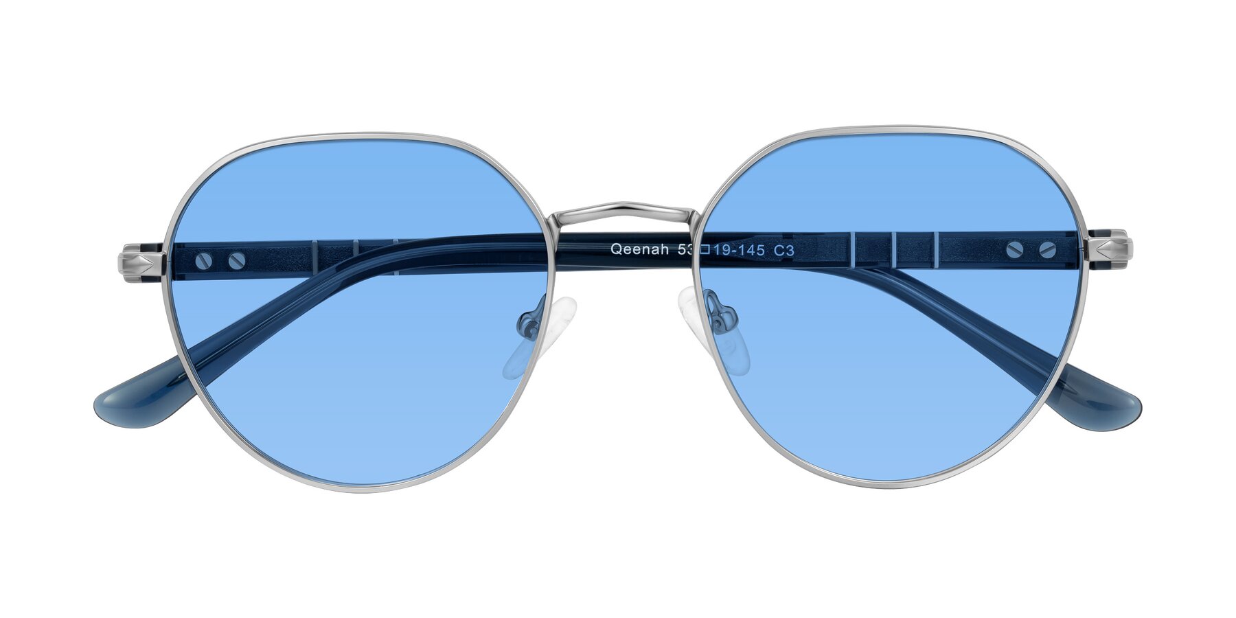 Folded Front of Qeenah in Silver with Medium Blue Tinted Lenses