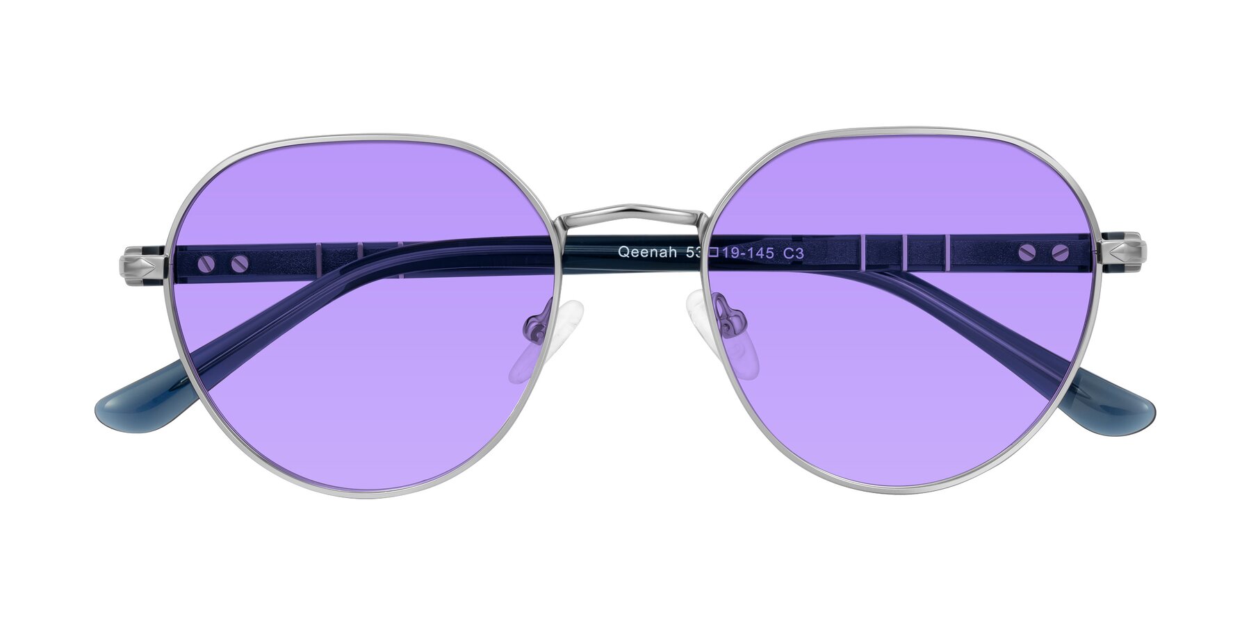 Folded Front of Qeenah in Silver with Medium Purple Tinted Lenses