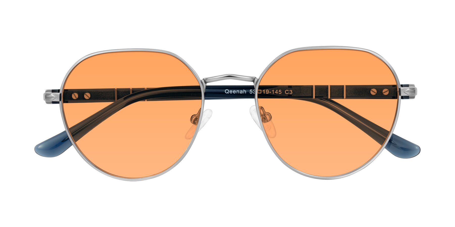 Folded Front of Qeenah in Silver with Medium Orange Tinted Lenses