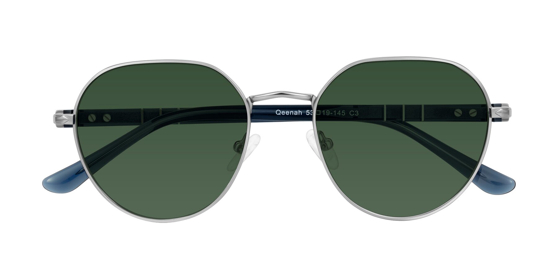 Folded Front of Qeenah in Silver with Green Tinted Lenses