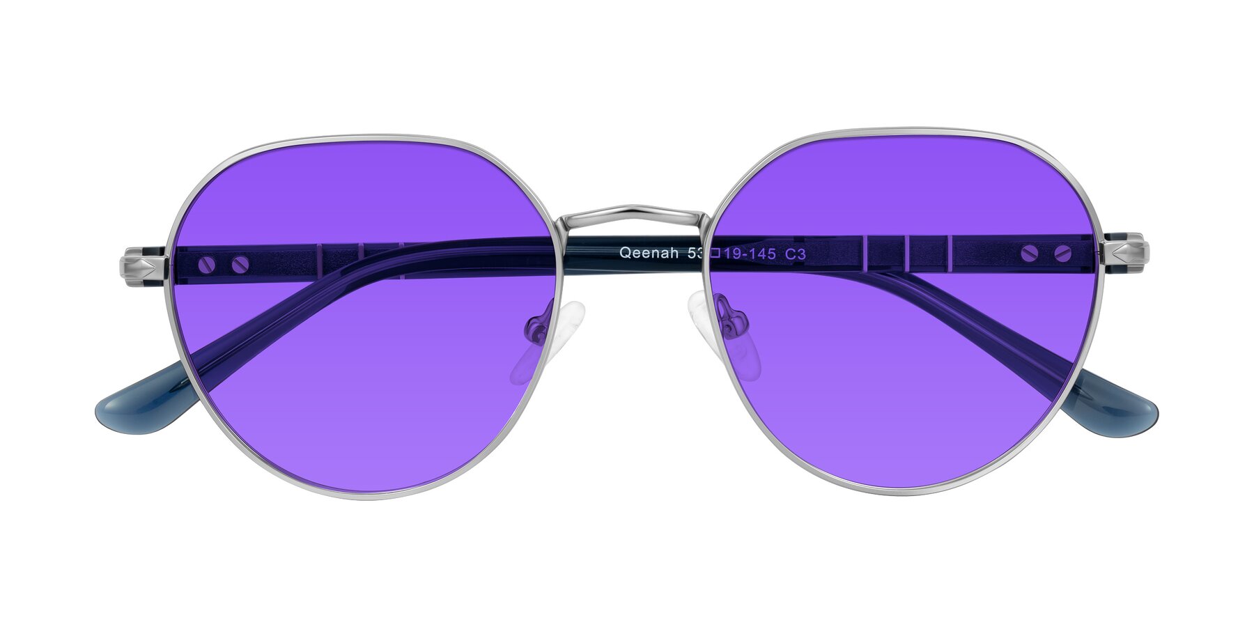 Folded Front of Qeenah in Silver with Purple Tinted Lenses
