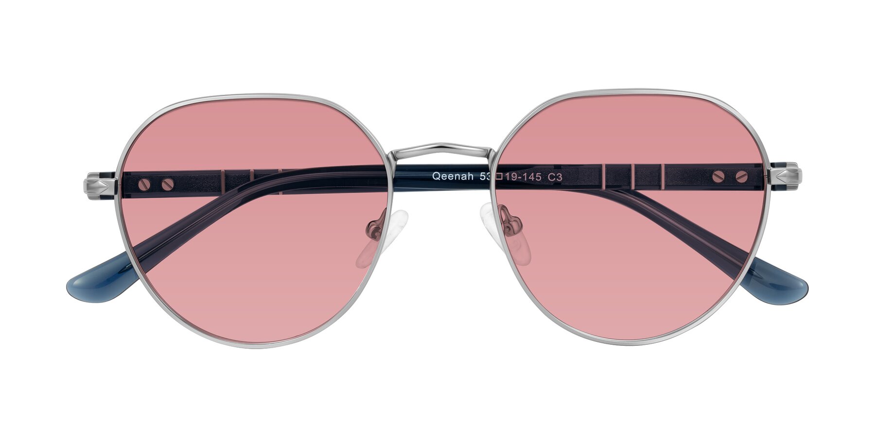 Folded Front of Qeenah in Silver with Medium Garnet Tinted Lenses