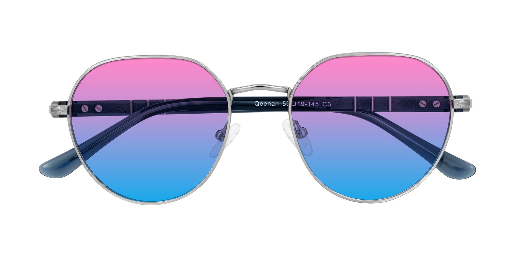 Folded Front of Qeenah in Silver with Pink / Blue Gradient Lenses