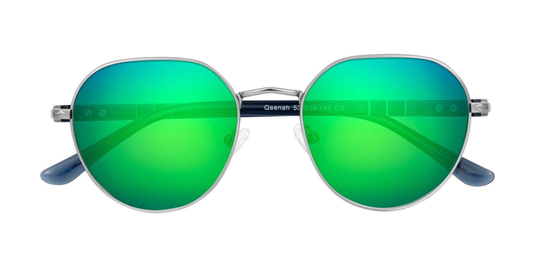 Folded Front of Qeenah in Silver with Green Mirrored Lenses
