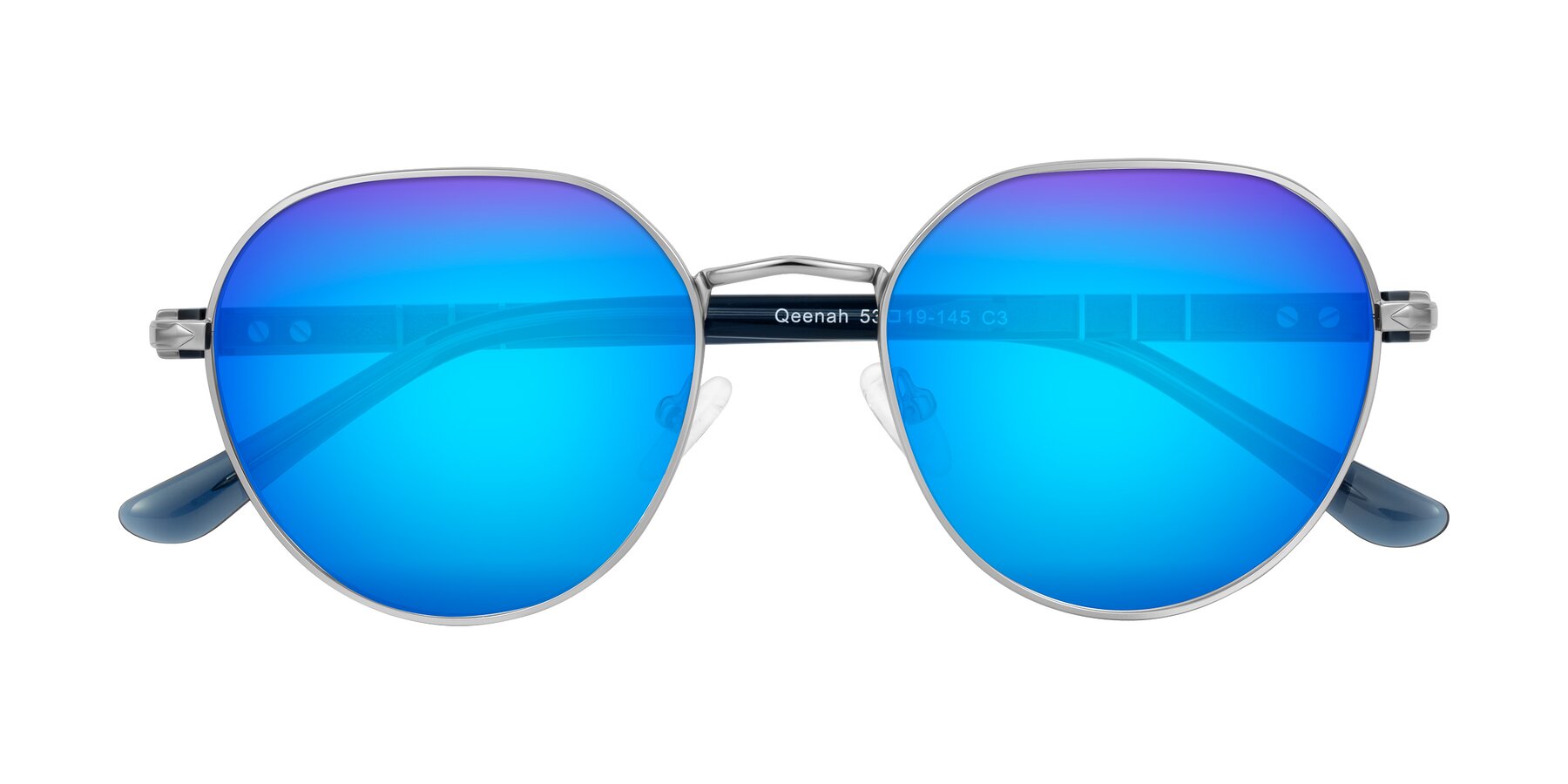 Folded Front of Qeenah in Silver with Blue Mirrored Lenses