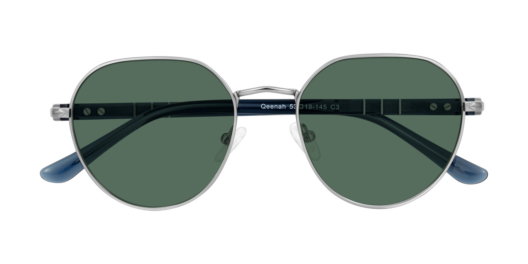 Folded Front of Qeenah in Silver with Green Polarized Lenses