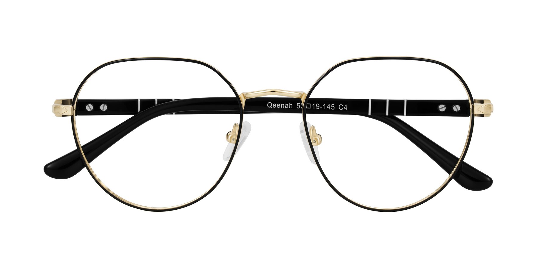 Folded Front of Qeenah in Black/Gold with Clear Blue Light Blocking Lenses