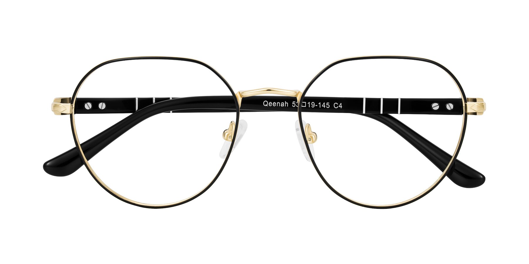 Folded Front of Qeenah in Black/Gold with Clear Eyeglass Lenses