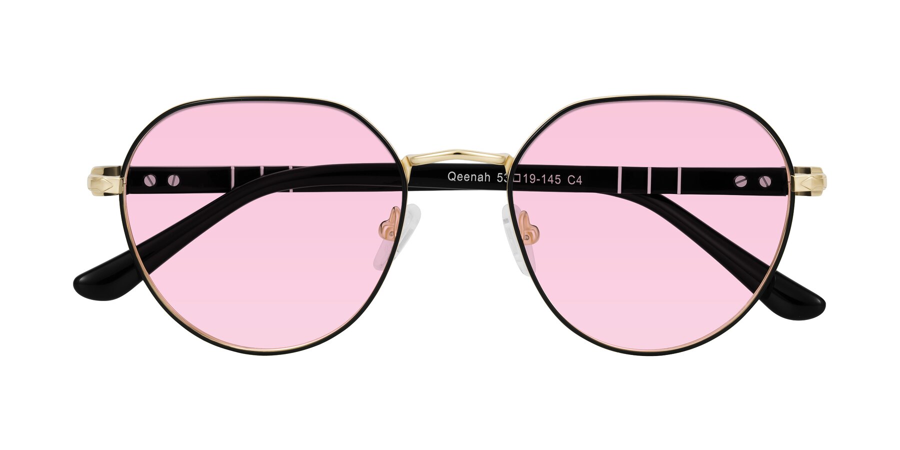 Folded Front of Qeenah in Black/Gold with Light Pink Tinted Lenses