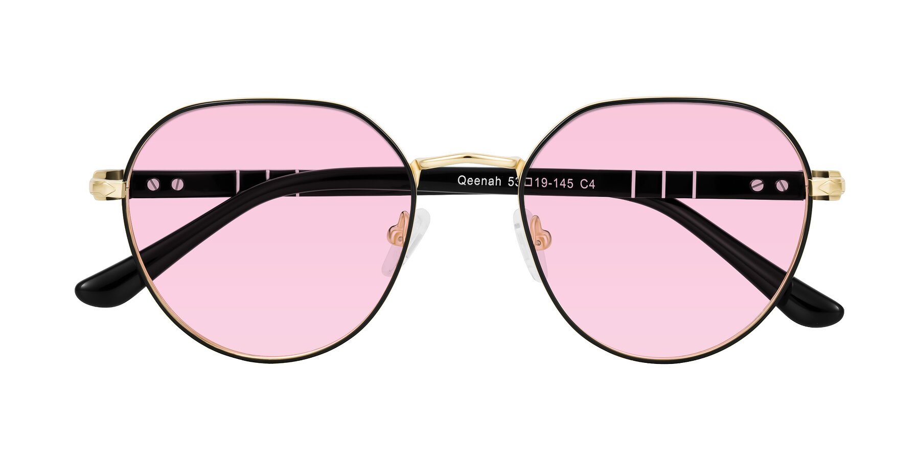 Folded Front of Qeenah in Black/Gold with Light Pink Tinted Lenses