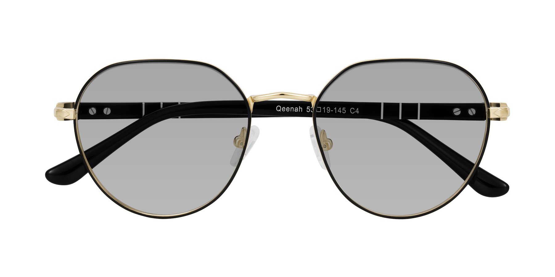 Folded Front of Qeenah in Black/Gold with Light Gray Tinted Lenses