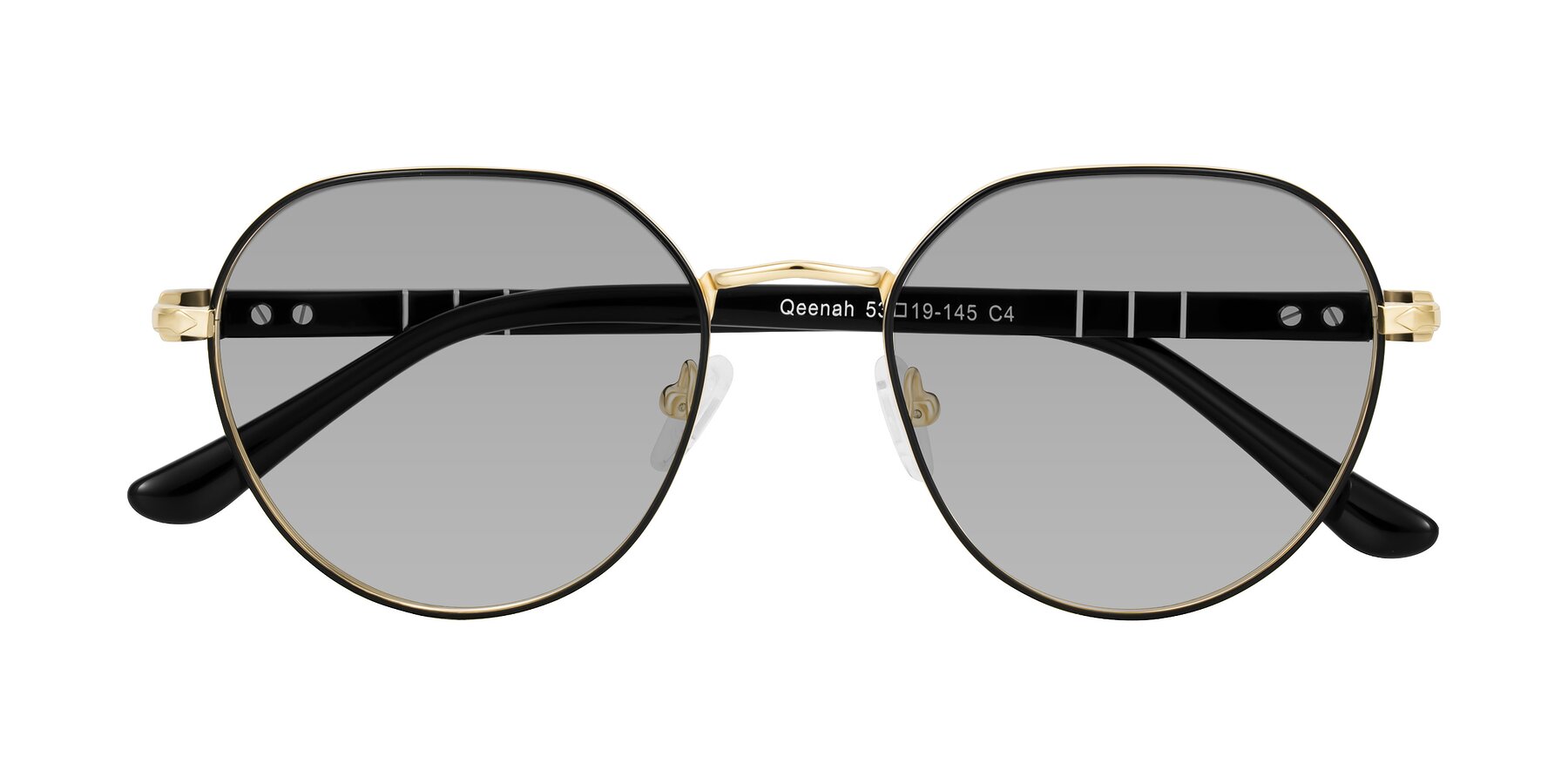 Folded Front of Qeenah in Black/Gold with Light Gray Tinted Lenses