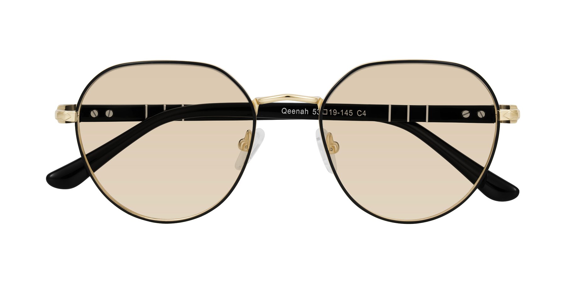 Folded Front of Qeenah in Black/Gold with Light Brown Tinted Lenses