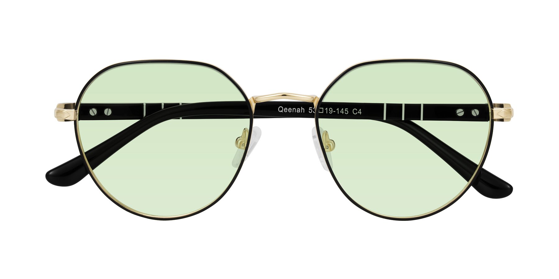 Folded Front of Qeenah in Black/Gold with Light Green Tinted Lenses