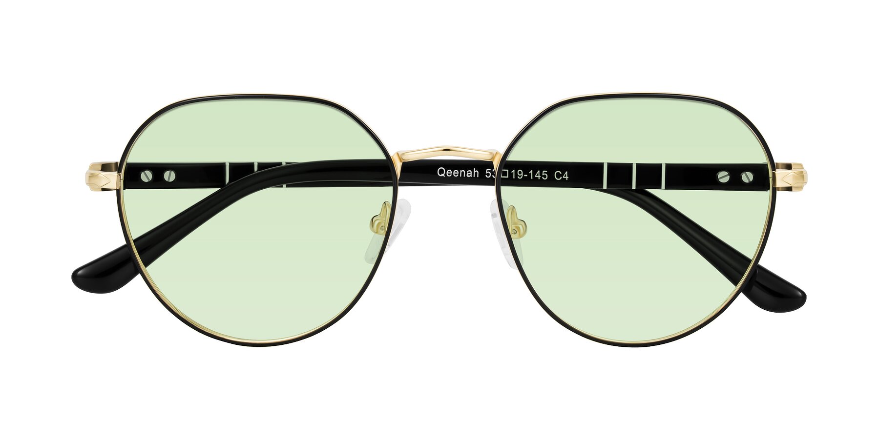 Folded Front of Qeenah in Black/Gold with Light Green Tinted Lenses