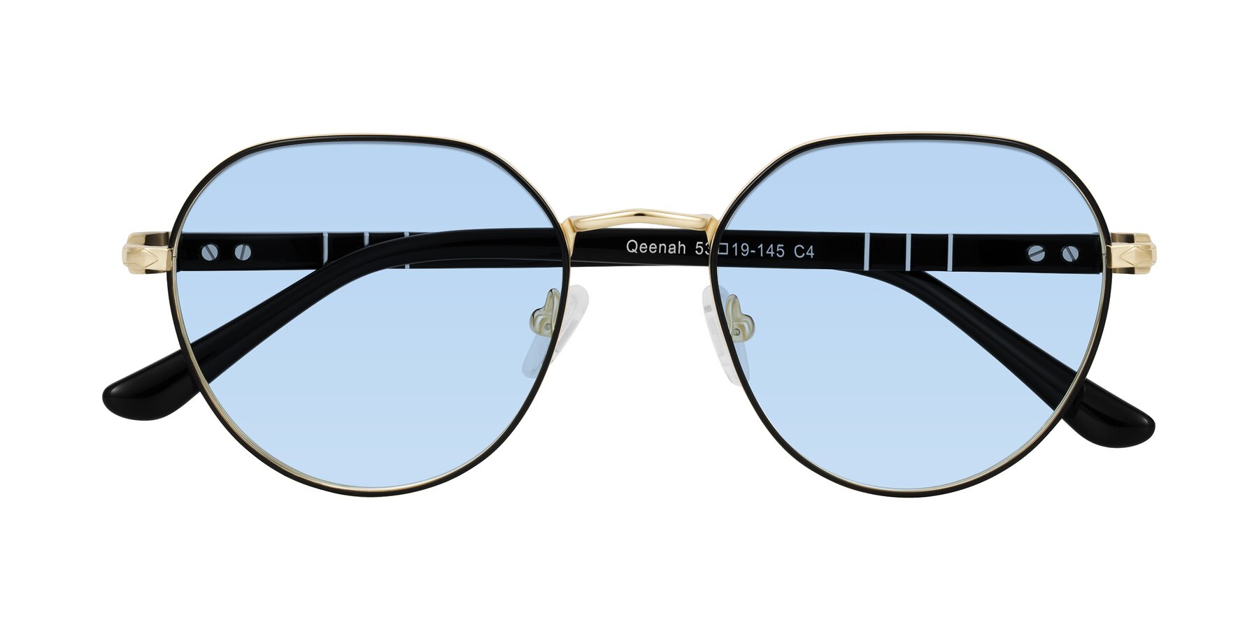 Folded Front of Qeenah in Black/Gold with Light Blue Tinted Lenses