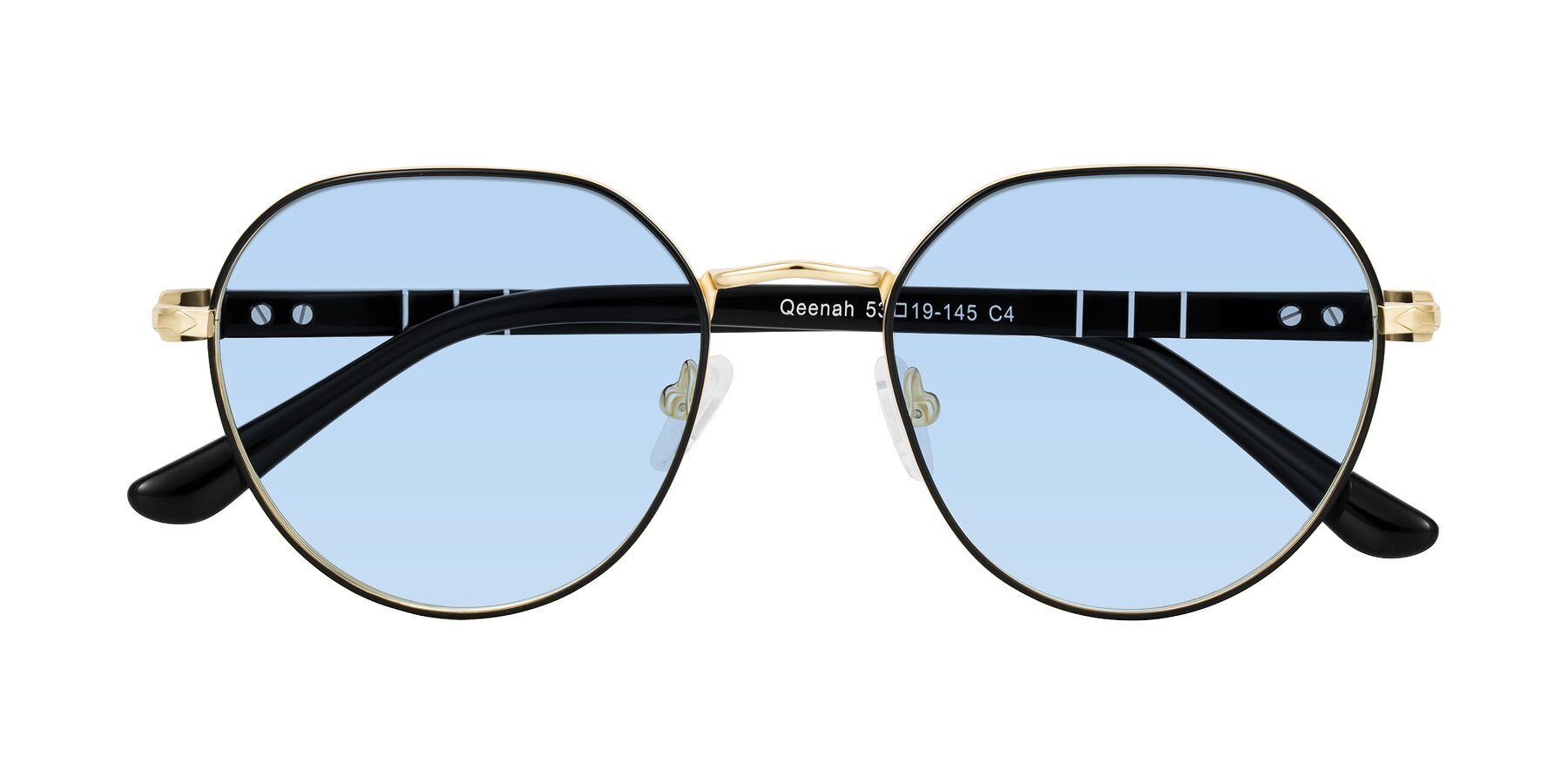 Folded Front of Qeenah in Black/Gold with Light Blue Tinted Lenses