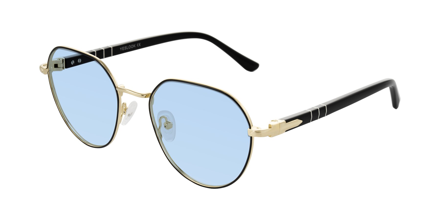 Angle of Qeenah in Black/Gold with Light Blue Tinted Lenses