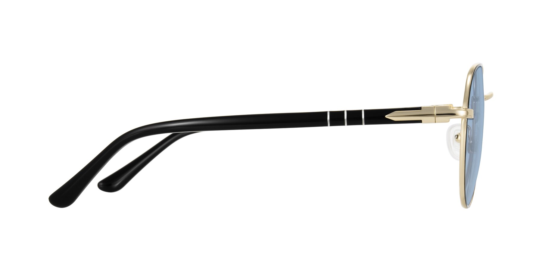 Side of Qeenah in Black/Gold with Light Blue Tinted Lenses