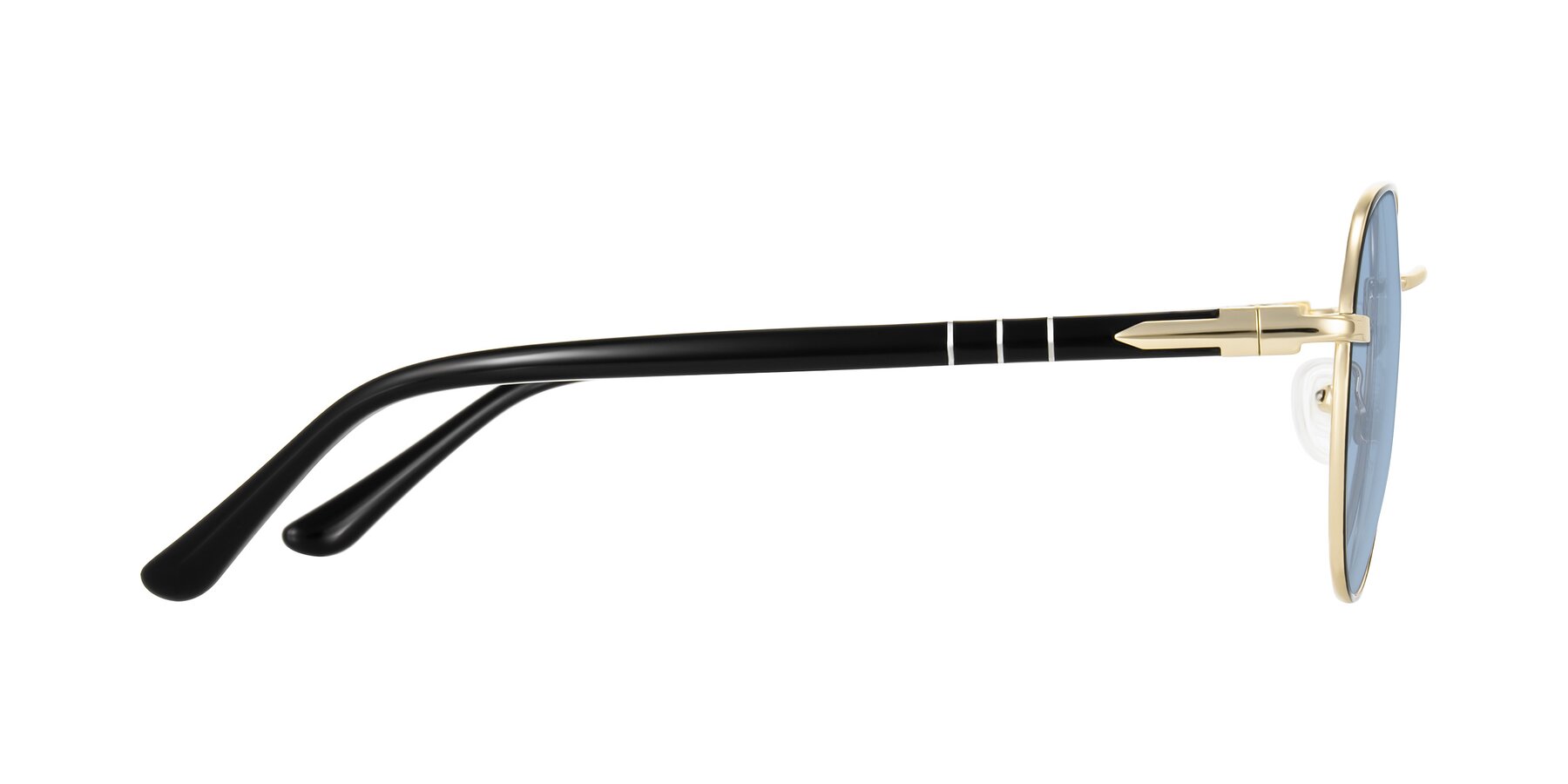 Side of Qeenah in Black/Gold with Light Blue Tinted Lenses