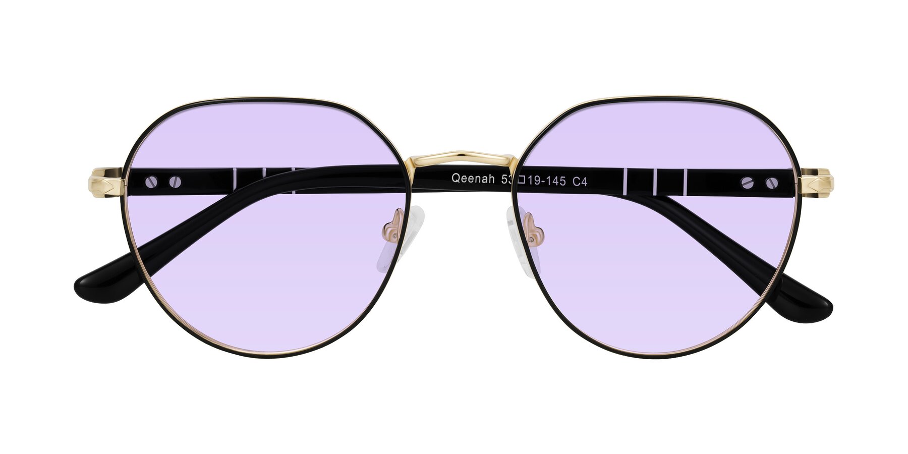 Folded Front of Qeenah in Black/Gold with Light Purple Tinted Lenses