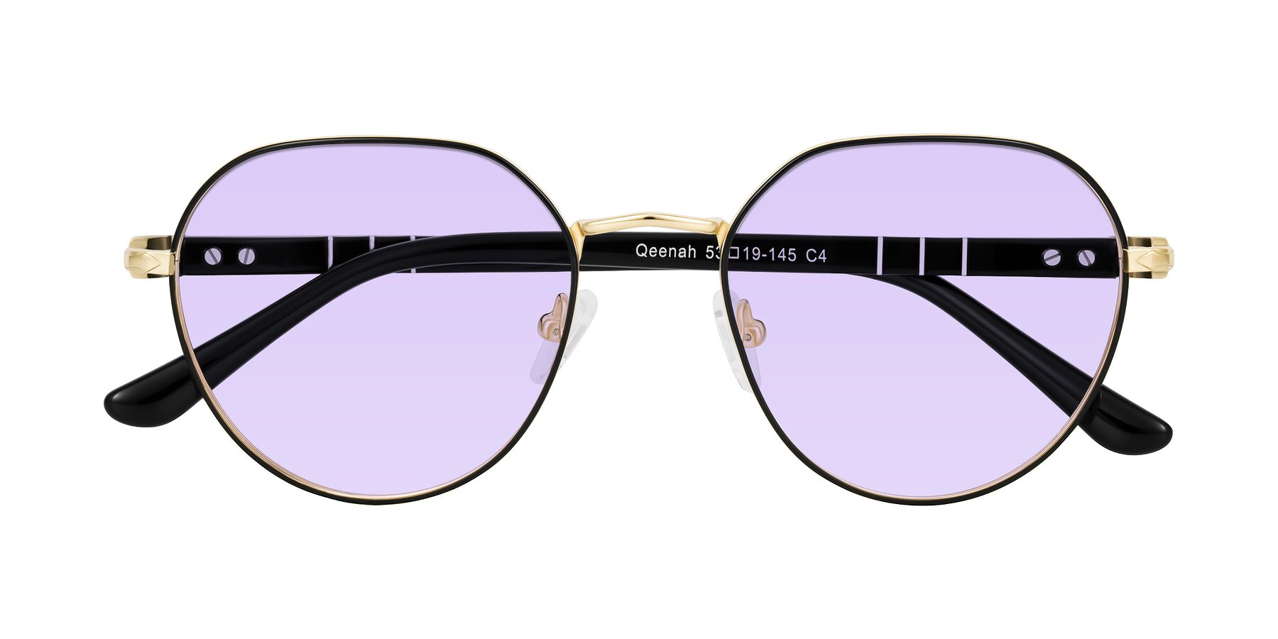 Folded Front of Qeenah in Black/Gold with Light Purple Tinted Lenses
