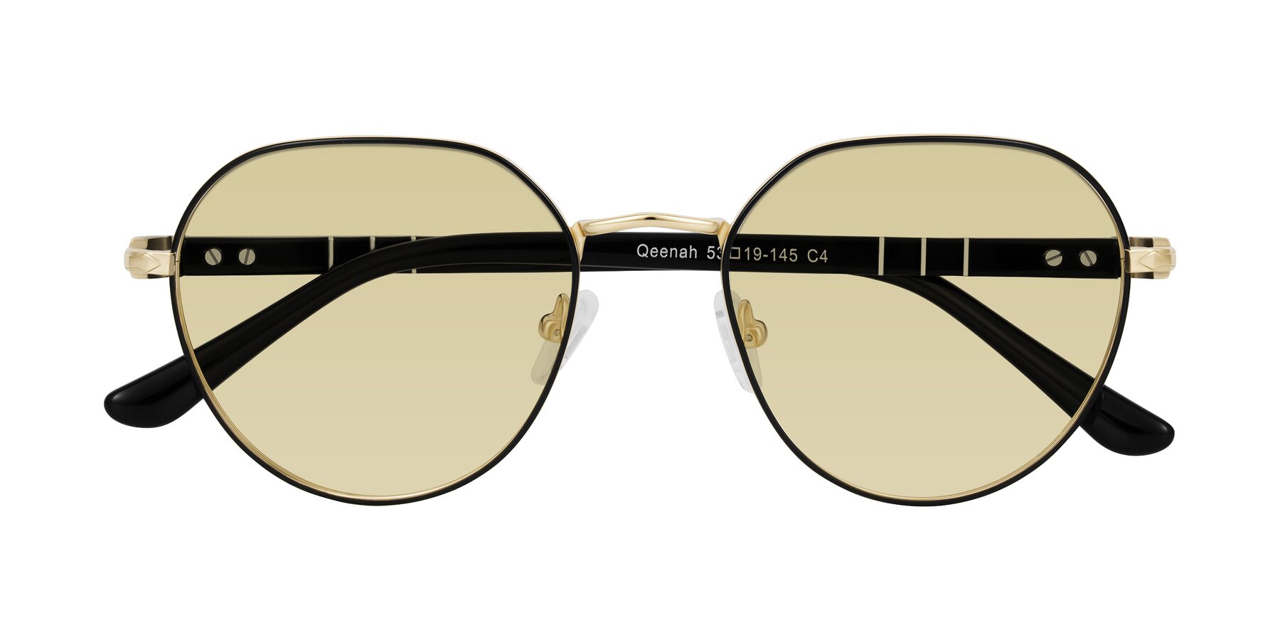 Folded Front of Qeenah in Black/Gold with Light Champagne Tinted Lenses
