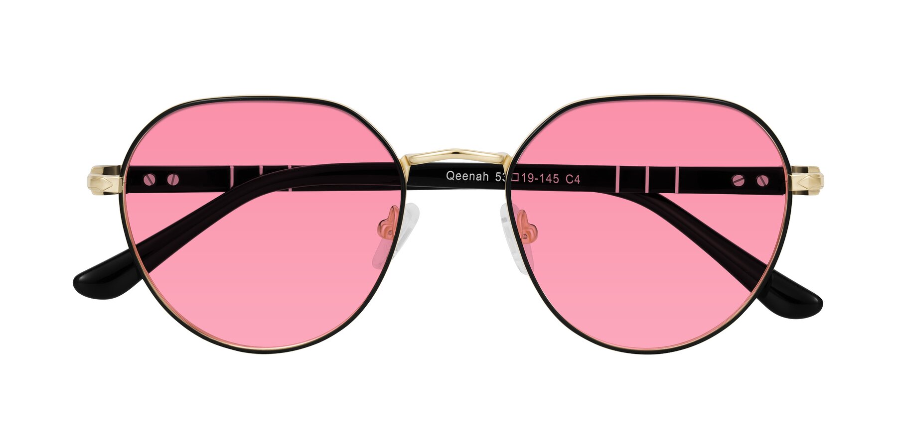 Folded Front of Qeenah in Black/Gold with Pink Tinted Lenses