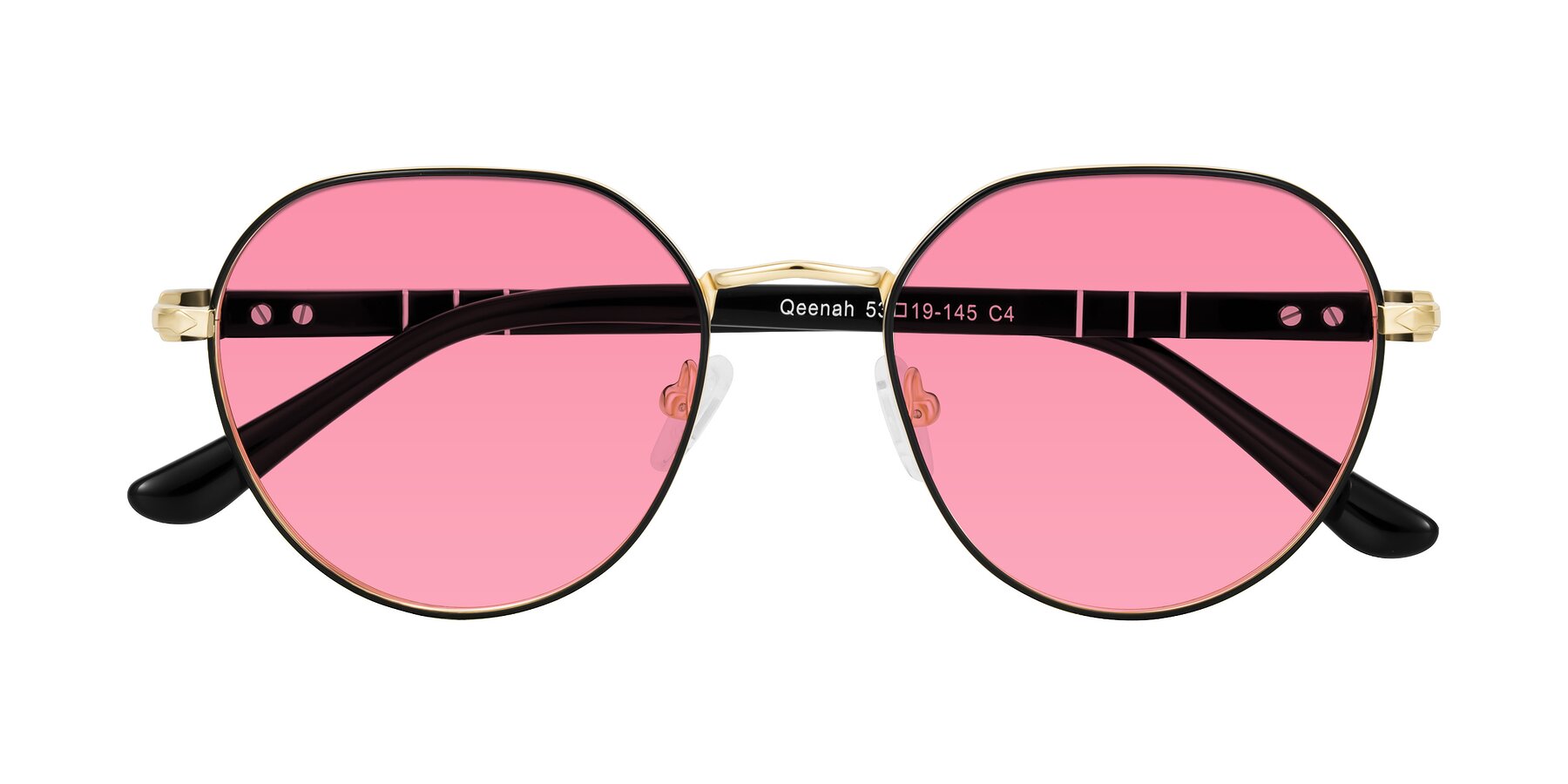 Folded Front of Qeenah in Black/Gold with Pink Tinted Lenses