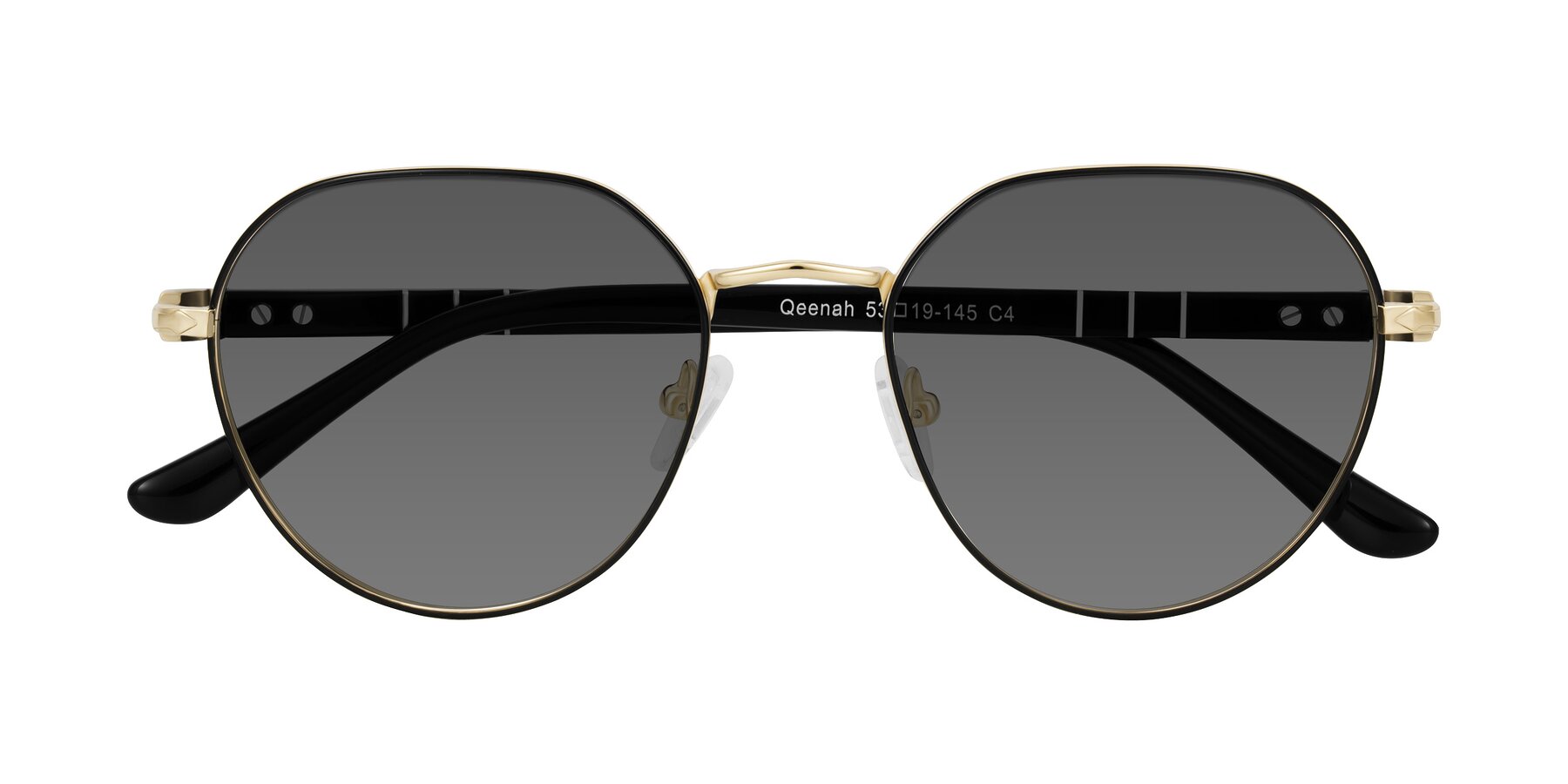 Folded Front of Qeenah in Black/Gold with Medium Gray Tinted Lenses