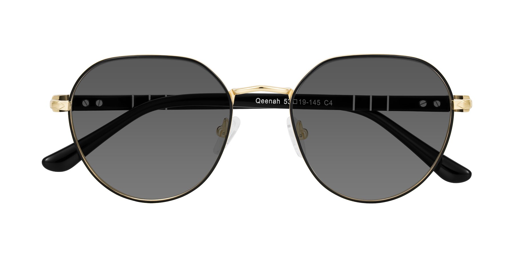 Folded Front of Qeenah in Black/Gold with Medium Gray Tinted Lenses
