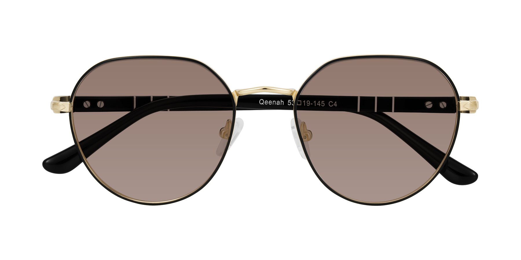Folded Front of Qeenah in Black/Gold with Medium Brown Tinted Lenses