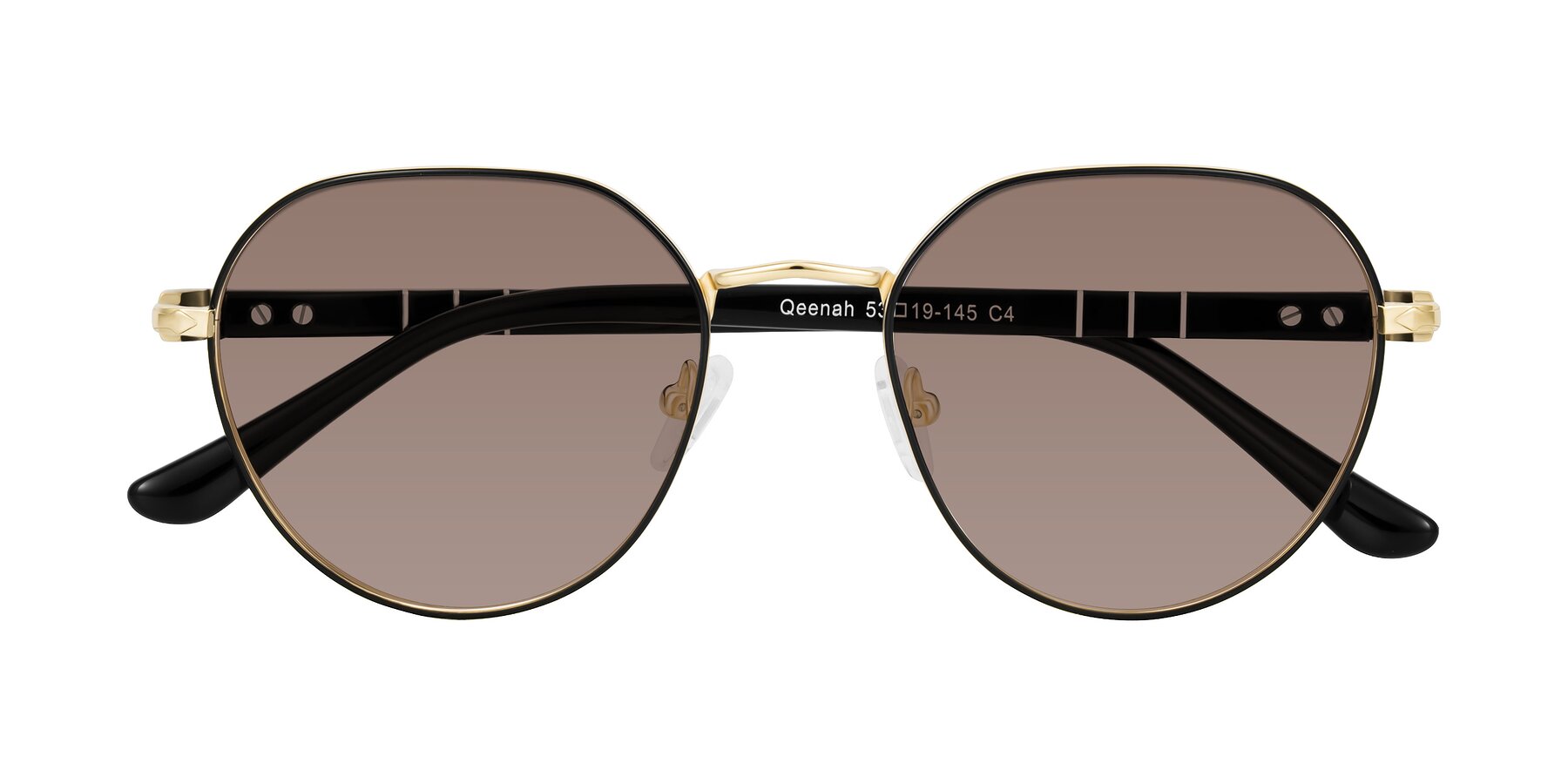 Folded Front of Qeenah in Black/Gold with Medium Brown Tinted Lenses
