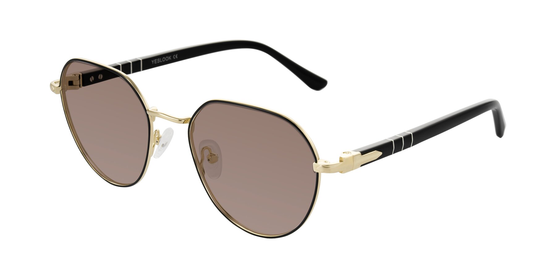 Angle of Qeenah in Black/Gold with Medium Brown Tinted Lenses