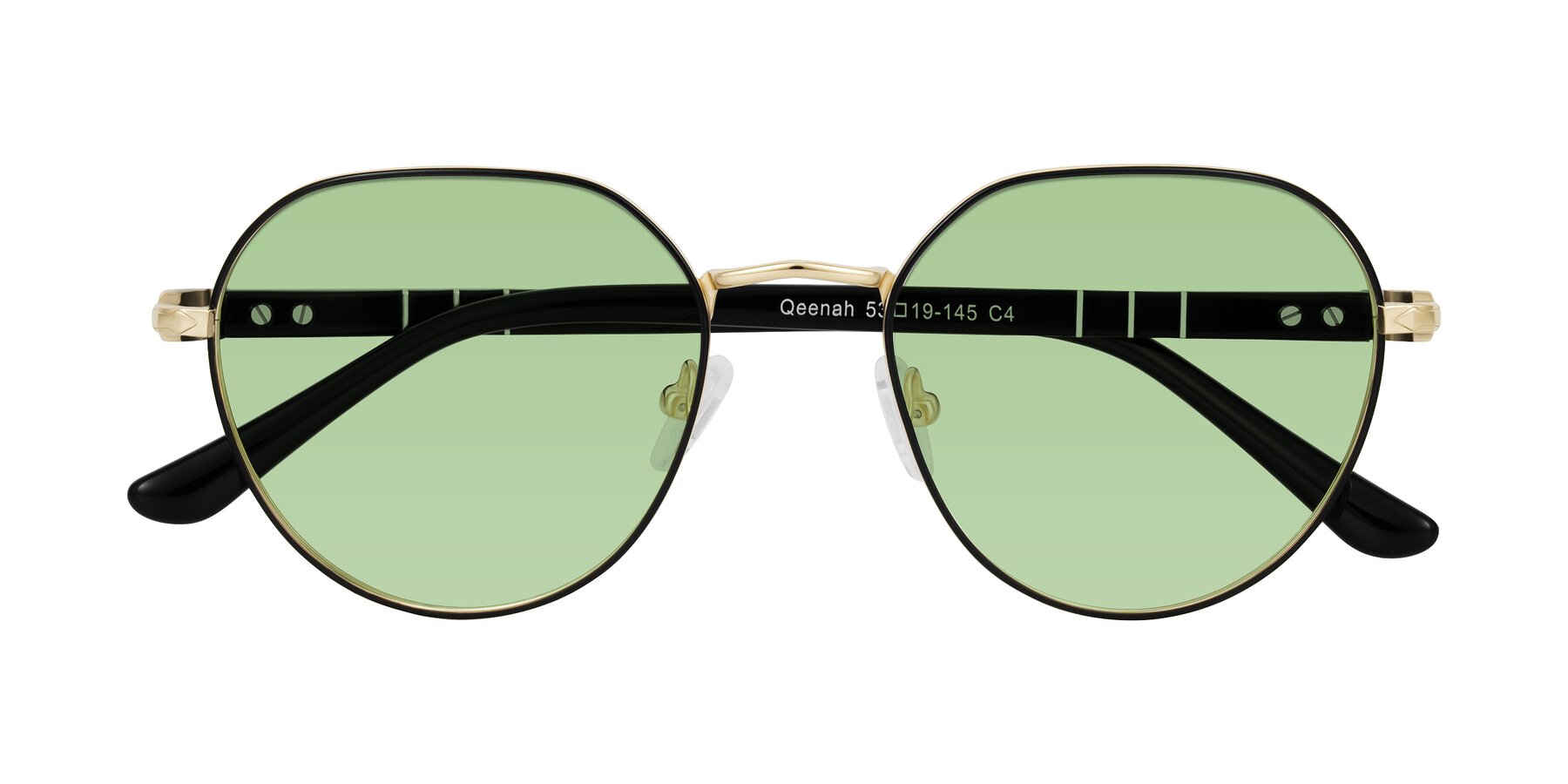 Folded Front of Qeenah in Black/Gold with Medium Green Tinted Lenses