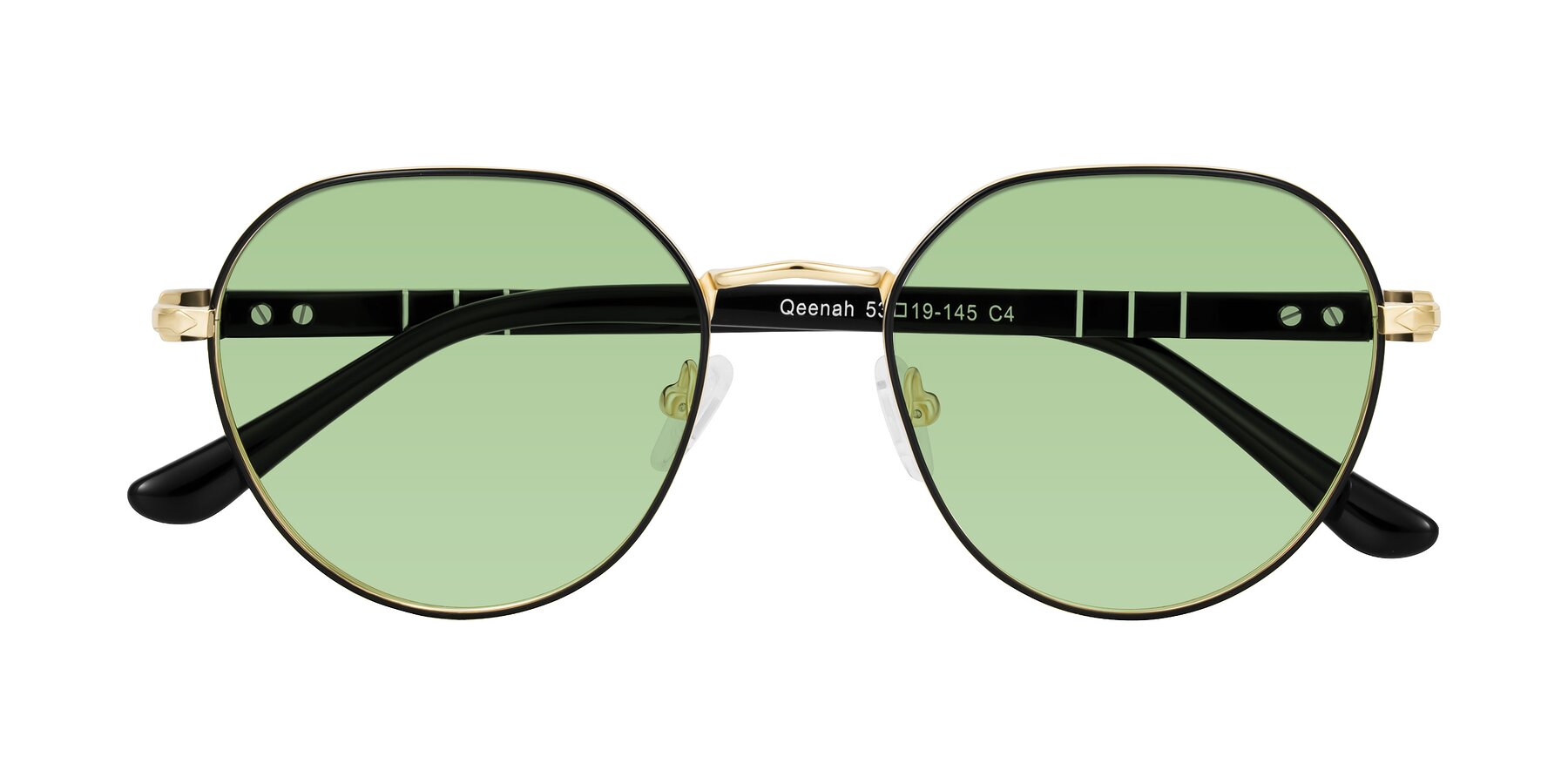 Folded Front of Qeenah in Black/Gold with Medium Green Tinted Lenses