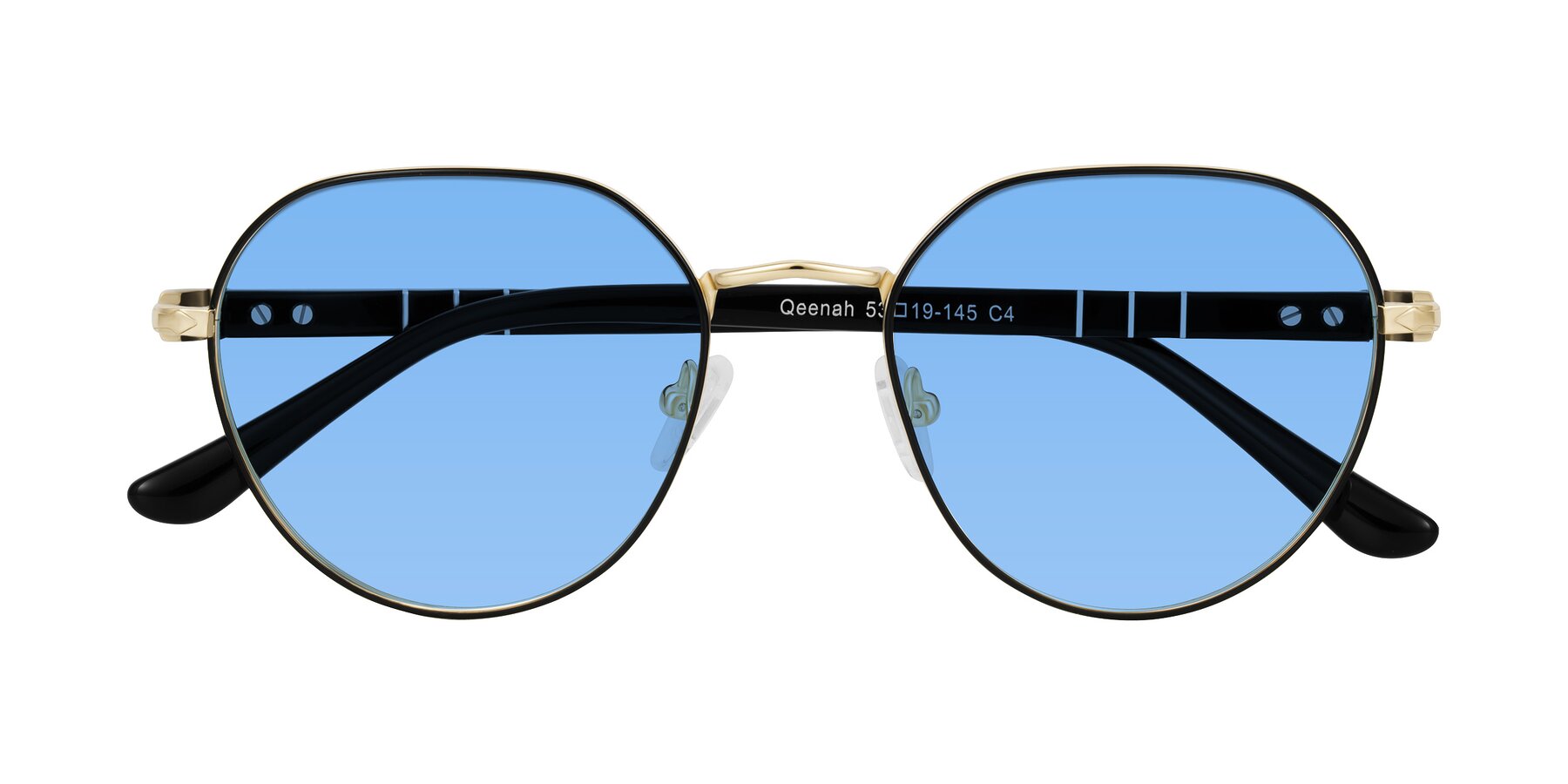 Folded Front of Qeenah in Black/Gold with Medium Blue Tinted Lenses