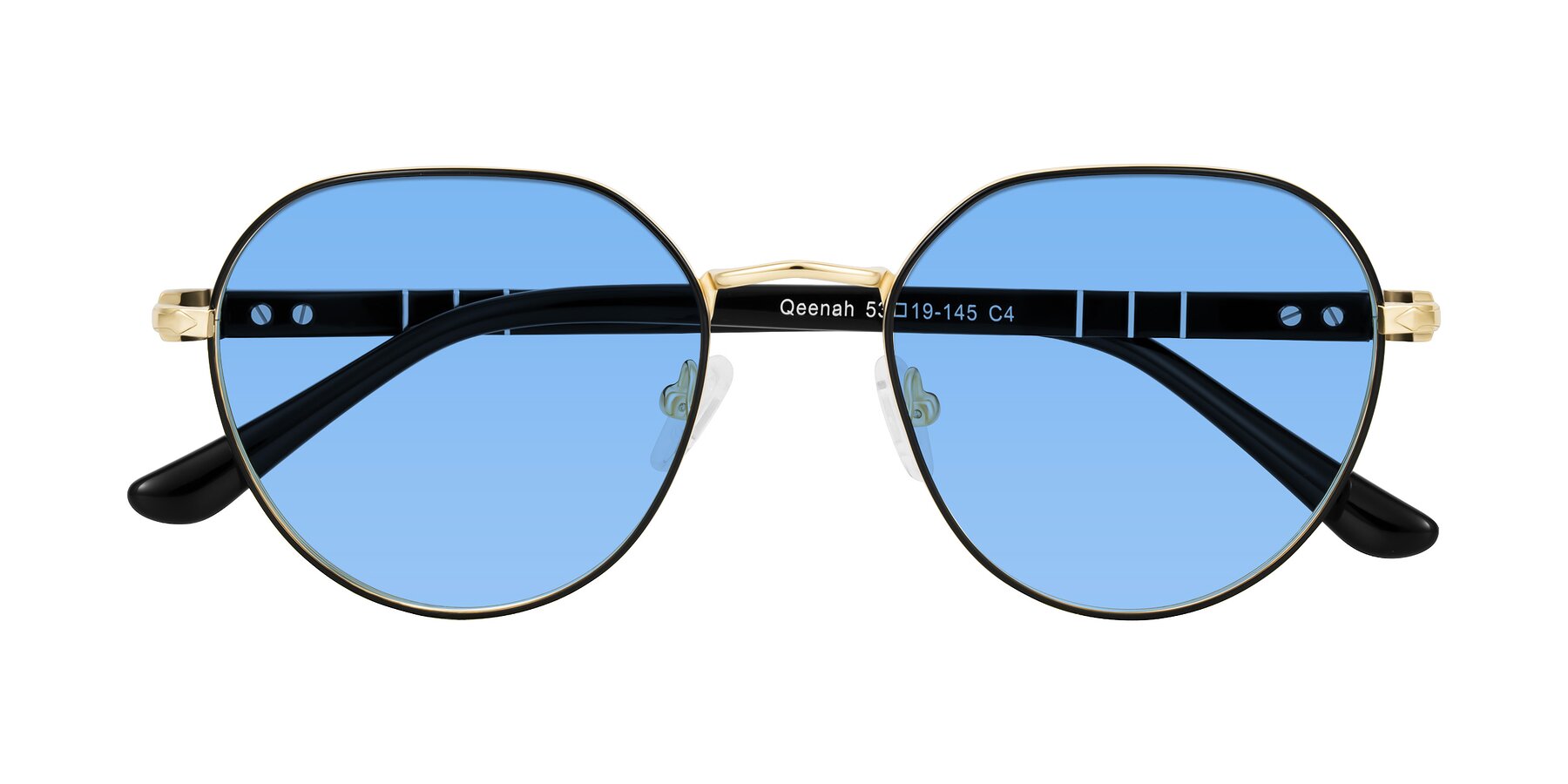 Folded Front of Qeenah in Black/Gold with Medium Blue Tinted Lenses